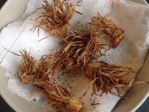 déchets de poireaux : flan et radicelles frites